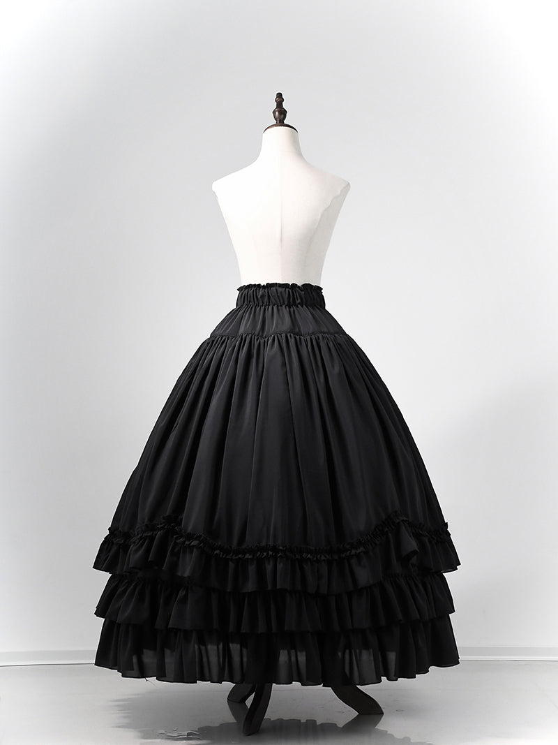Victorian-Inspired Gothic Black Lace High Neck Ball Gown with Tiered Ruffled Skirt – Corset Back Evening Dress Plus Size