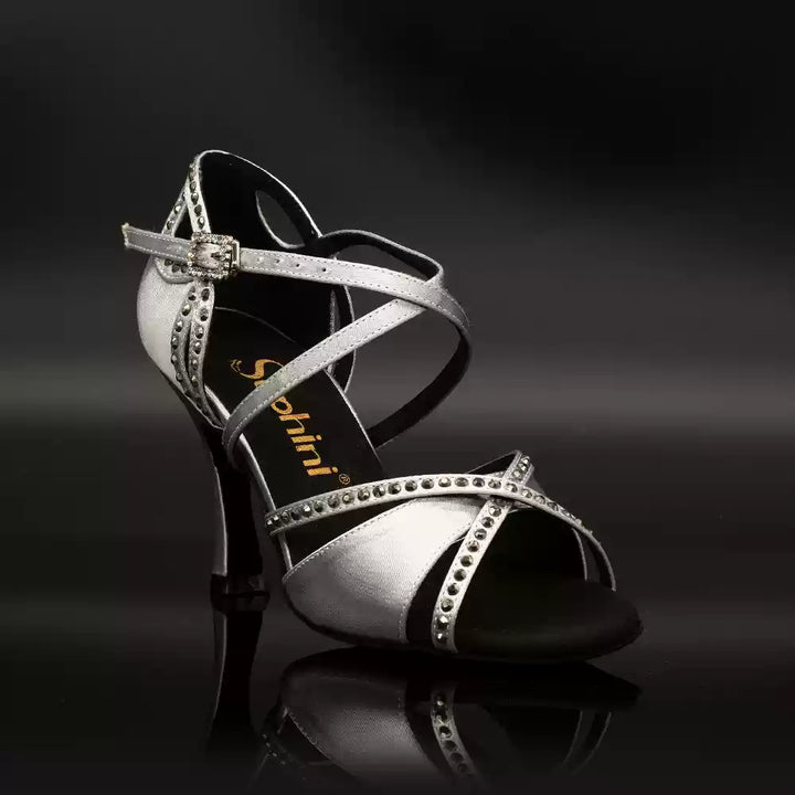 Moonlit Whisper – Handmade Silver Silk Satin Salsa Heels