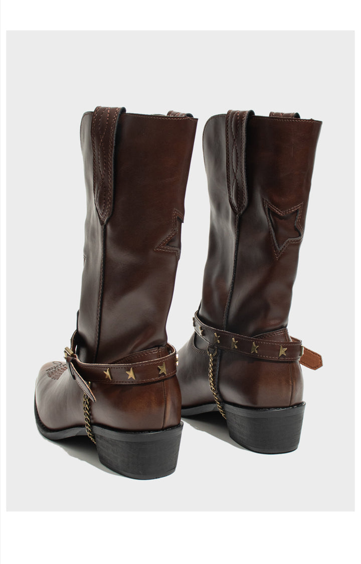 Vintage-Inspired Handmade Boho Brown Cowhide Leather Cowgirl Boots and Boho Western Boots