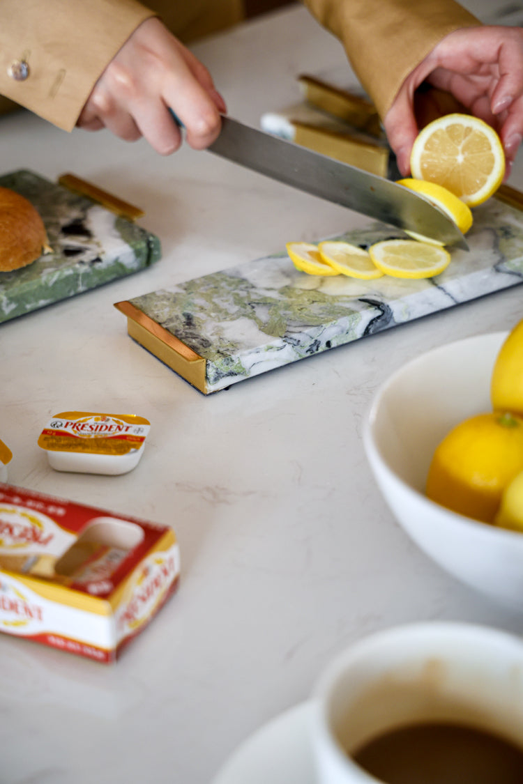 Luxury Handmade Italian Natural Marble Serving Tray with Brass and Jade-Inspired Flow Pattern