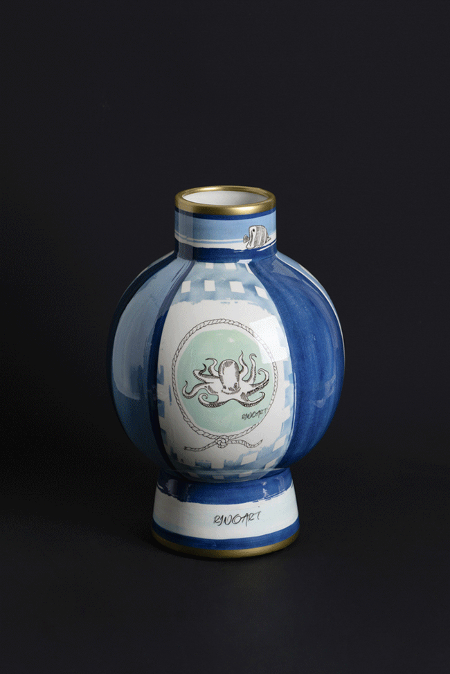 Antique Italian Blue and White Porcelain Vase Inspired by Richard Ginori with Hand-Painted Gilded Maritime Motifs