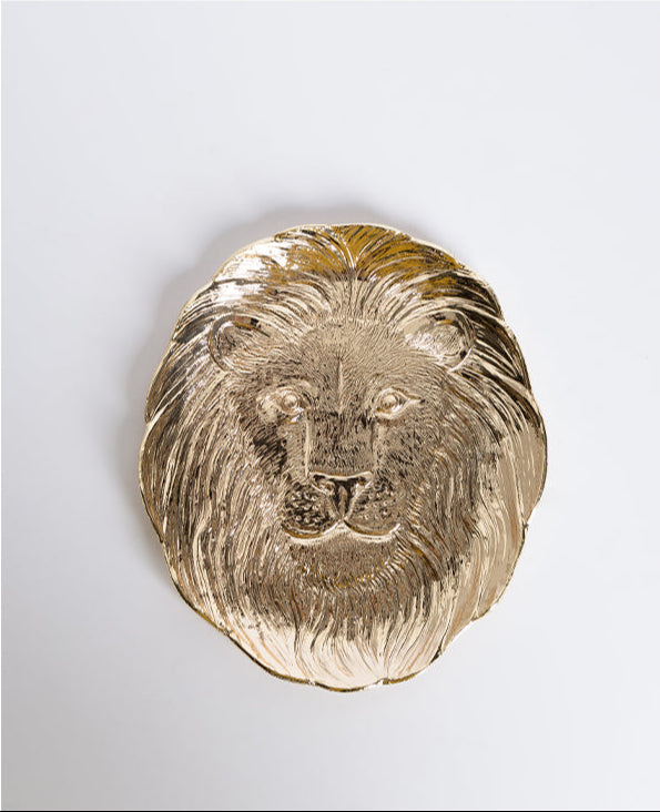 Luxury Handmade Indian Tin-Copper Alloy Lion Jewelry Dish and Catch-All Tray in Bronze Gold Finish