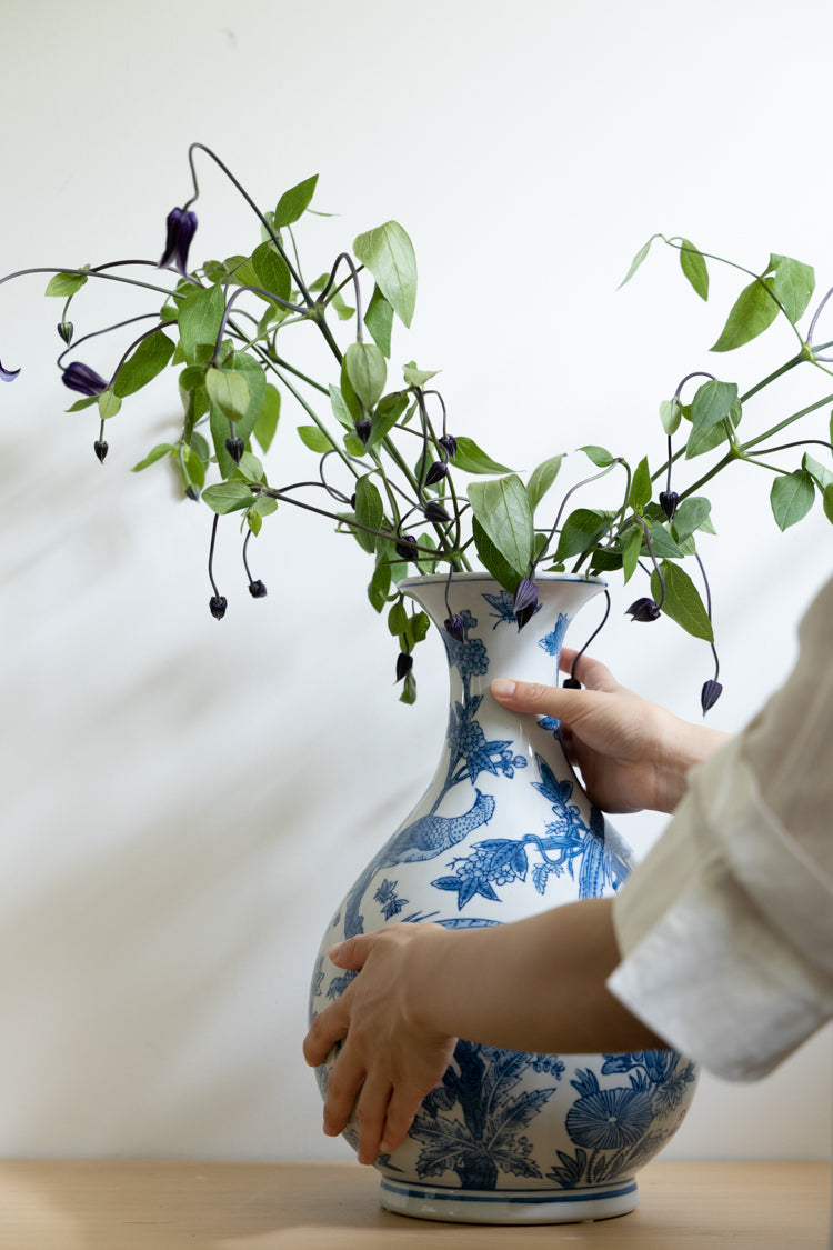 Mandarin Handmade Blue and White Porcelain Vases with Hand Painted Phoenix and Floral Design