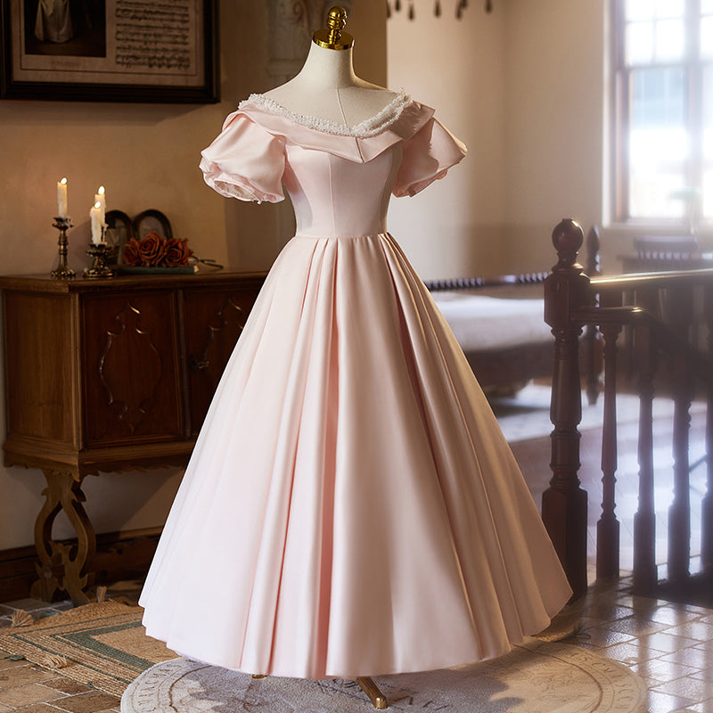 Light Pink Satin Wedding Dress with Off Shoulder Sleeves – Vintage Pin ...