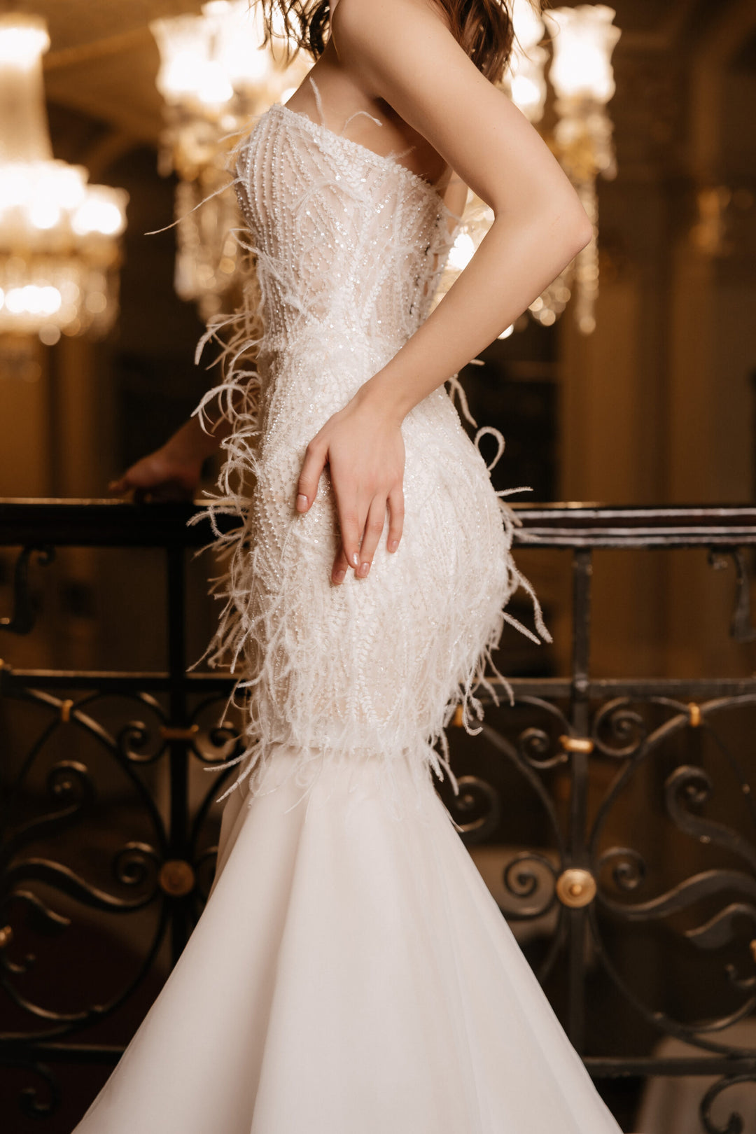 Ivory Convertible Wedding Dress with Feathers – Sequin Mermaid Wedding Dress with Train Plus Size – EMANUELA