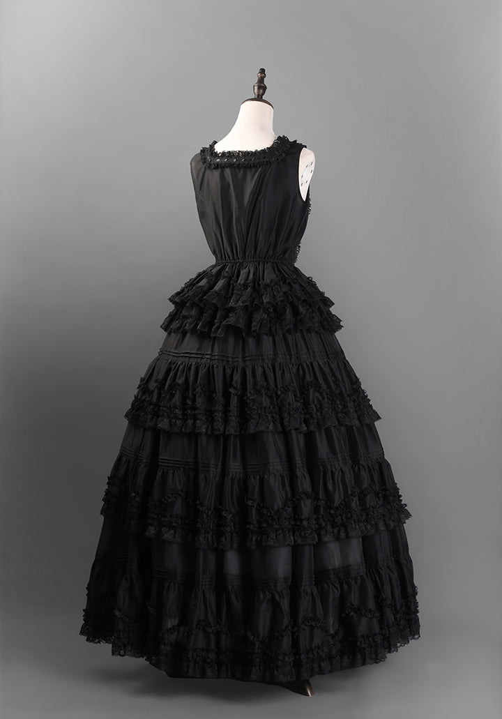 Victorian-Inspired Black and White Gothic Lolita Ball Gown with Tiered Ruffles – Tencel Organza Dress with Lace Trim Plus Size