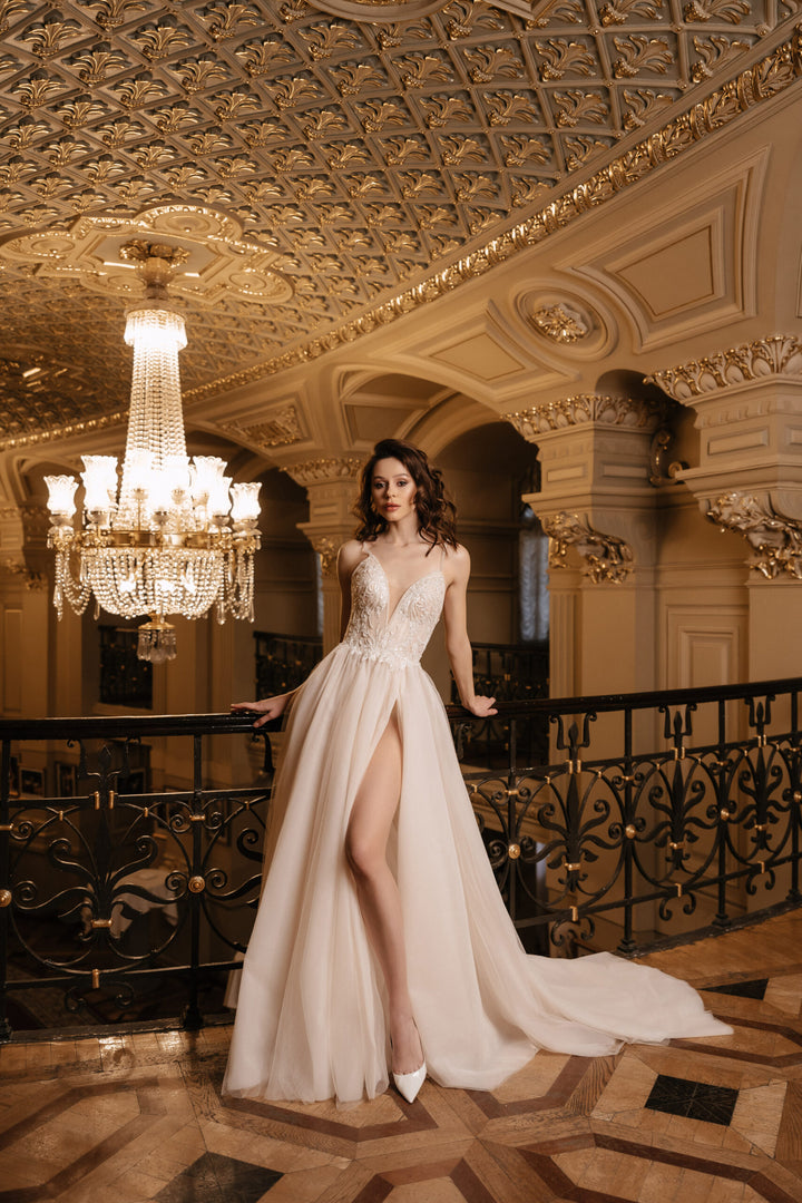 Ivory A-Line Spaghetti Strap Wedding Dress with Sequin – Tulle Wedding Dress with Corset Bodice Plus Size – JULIANA