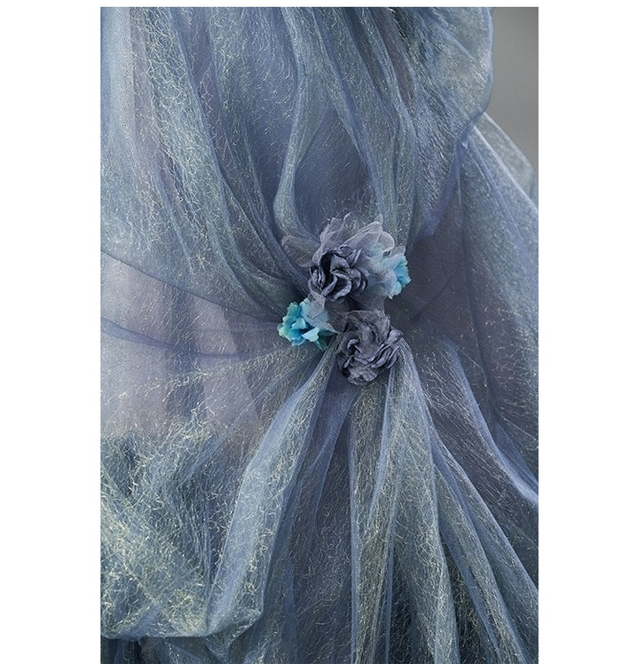 Dusty Blue Off-Shoulder Layered Tulle Ruffle Dress with Floral Appliqué – Floral Evening Dress with Corset Back Plus Size