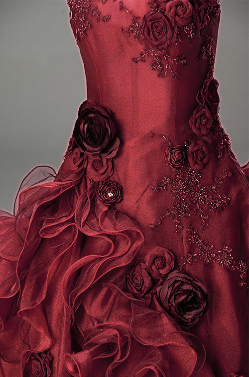 Burgundy Strapless Layered Ruffle Dress with Floral Appliqué – Floral Evening Dress with Corset Back Plus Size