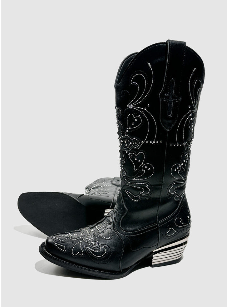 Vintage-Inspired Handcrafted Gothic Black Cowhide Leather Rhinestone Cowgirl Boots with Embroidered