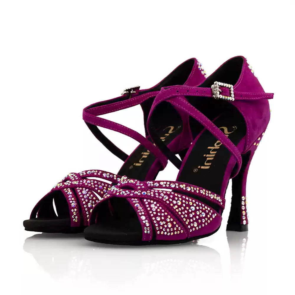 Radiant Grape – Handmade Suede Salsa Dance Heels with Rhinestone Detailing