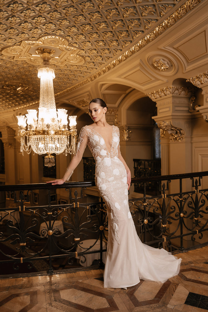 Ivory Mermaid Wedding Dress with Sheer Sleeves – Long Sleeve Sequin Wedding Dress with Deep V Neckline Plus Size – CLAUDIA
