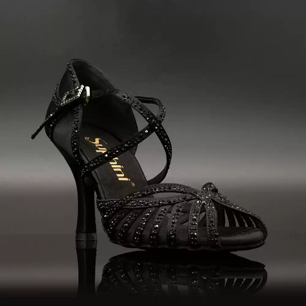 Twilight Gleam – Handmade Black Glitter Satin Salsa Dance Heels