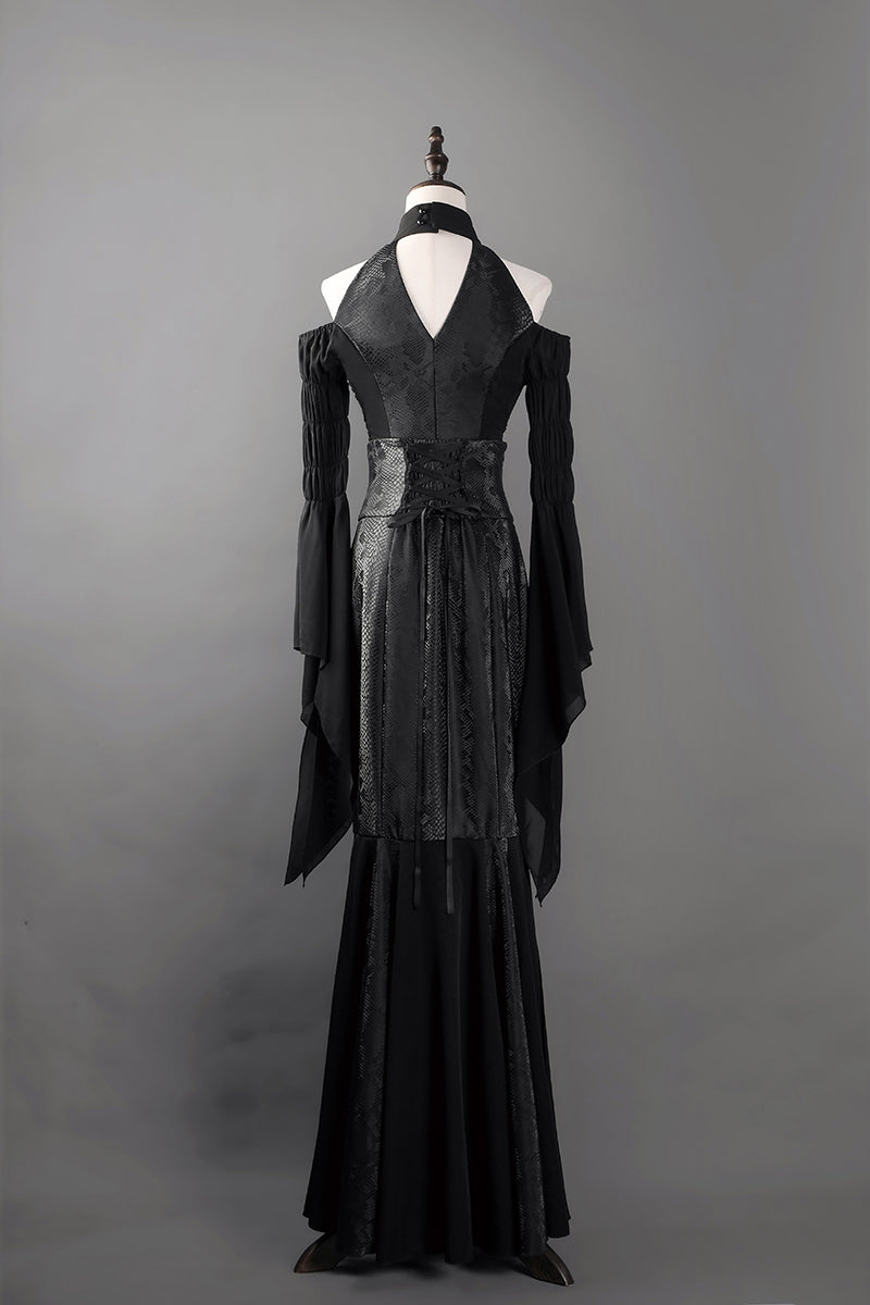 Victorian-Inspired Gothic Black Halter Dress with Bell Sleeves and Lace-Up – Long Sleeves Evening Gown Plus Size