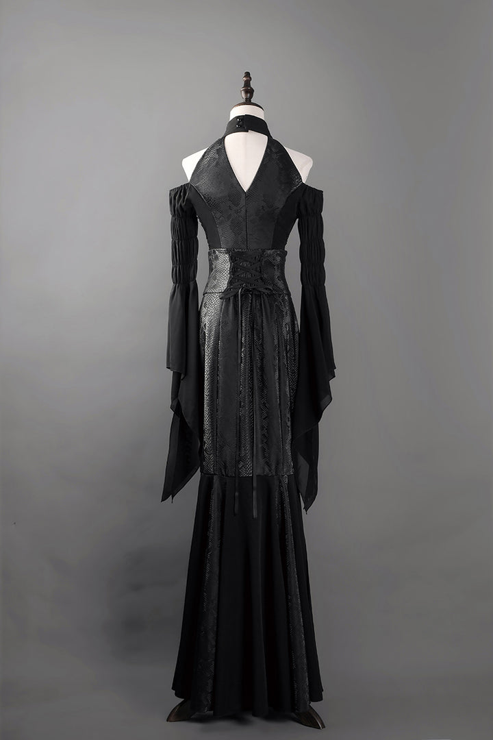Victorian-Inspired Gothic Black Halter Dress with Bell Sleeves and Lace-Up – Long Sleeves Evening Gown Plus Size