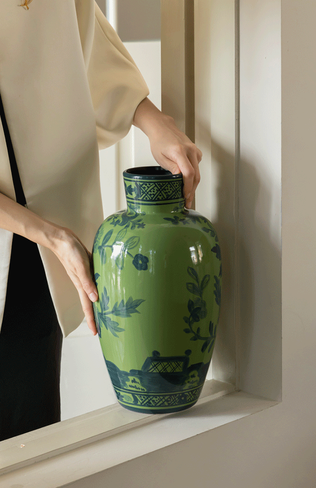Oriental Italian Handmade Green Porcelain Vase with Indigo Hand-Painted Floral Motifs
