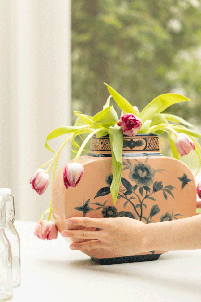 Antique Italian Porcelain Vase with Hand Painted Blue Floral Design in Spring Pink