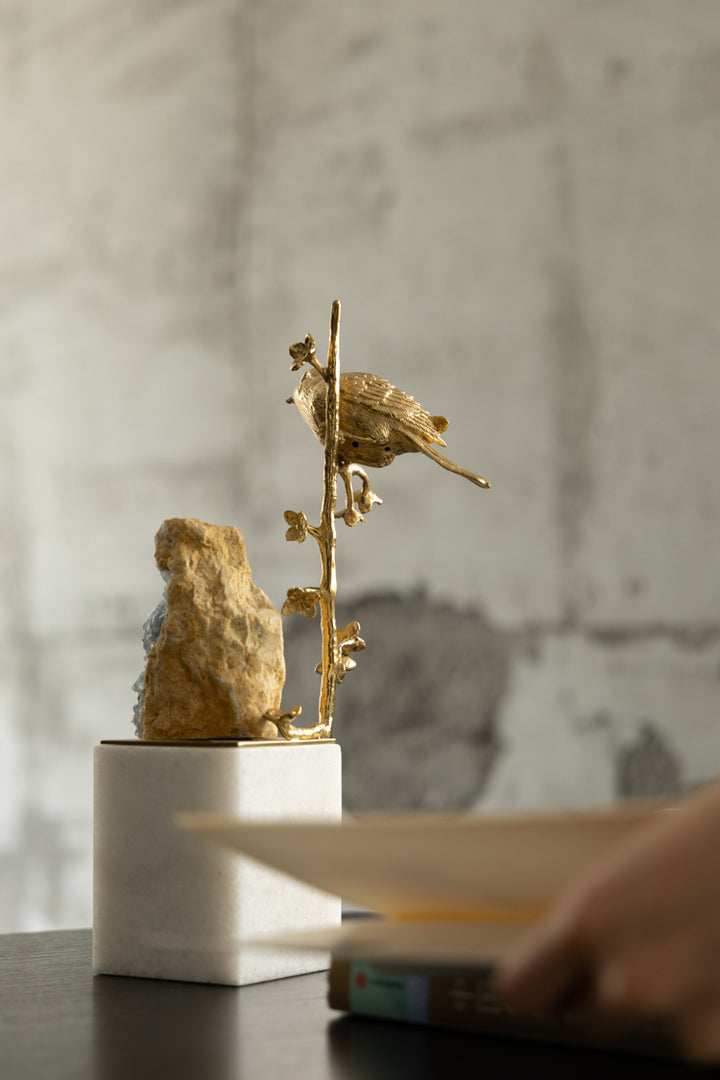 Oriental Handcrafted Golden Brass and Blue Crystal Bird Sculpture on Marble Base