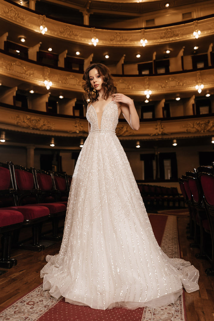 Ivory A-Line Wedding Dress with Deep Neckline – Sleeveless Sparkly Wedding Dress Plus Size – SCARLETT