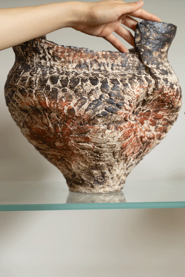 Antique Moroccan Handmade Brown Rustic Ceramic Vase with Rock Texture and Sand Conch Style Decorative Pottery Piece