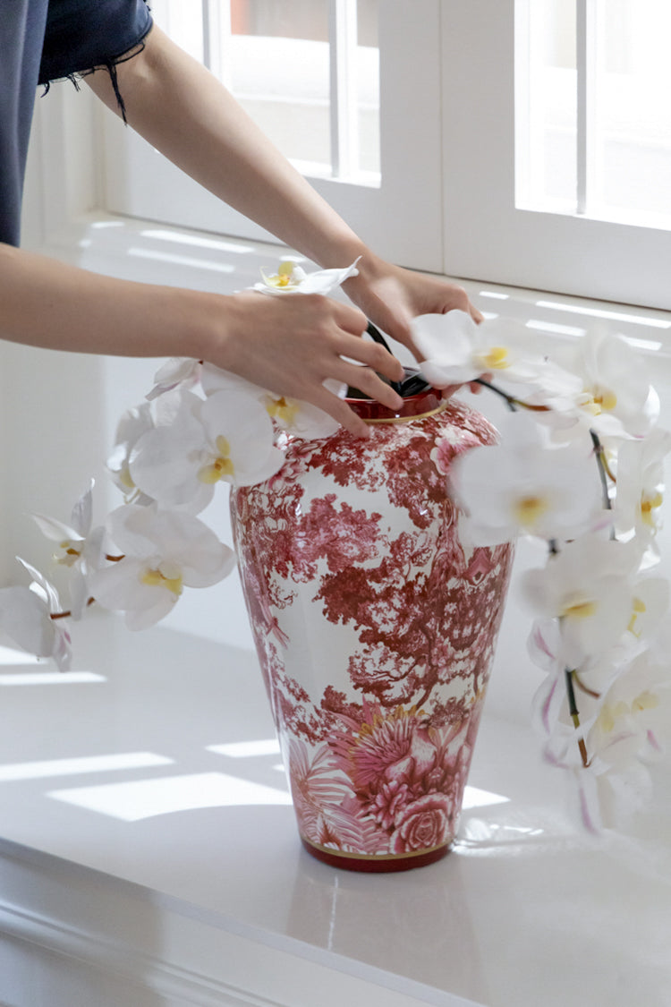 Vintage-Inspired Handmade Italian Red and White Porcelain Vase with Toile de Jouy Design