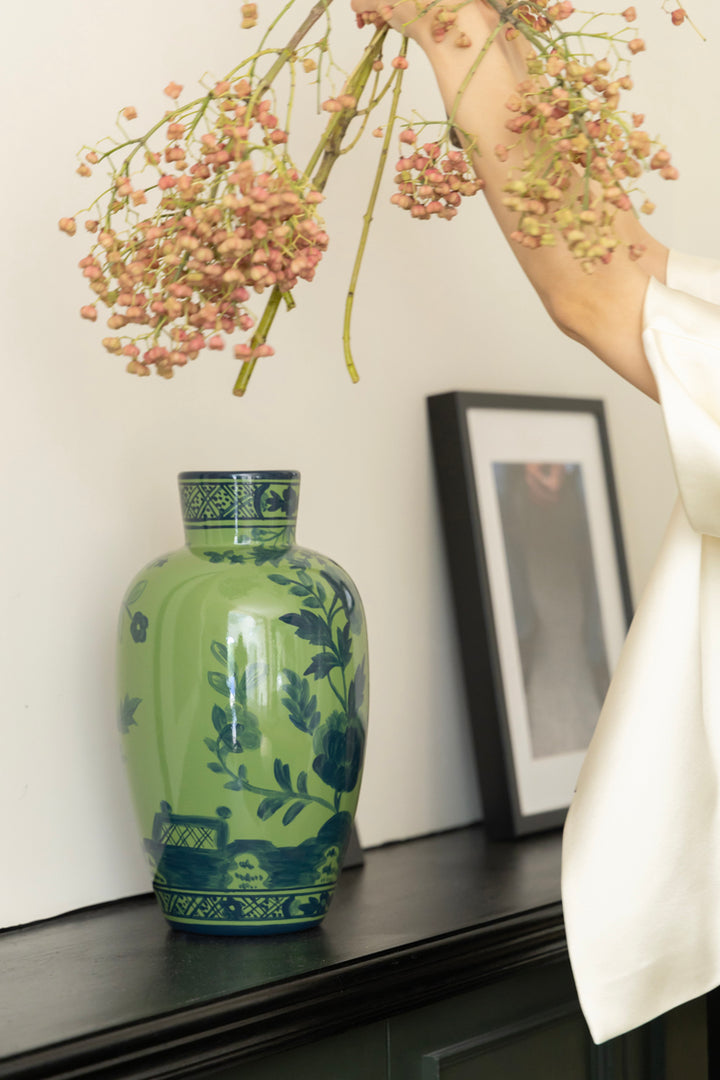 Oriental Italian Handmade Green Porcelain Vase with Indigo Hand-Painted Floral Motifs