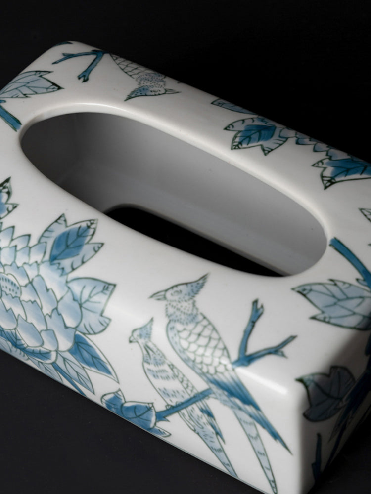 Oriental Handmade Blue and White Porcelain Tissue Box with Hand-Painted Underglaze Art