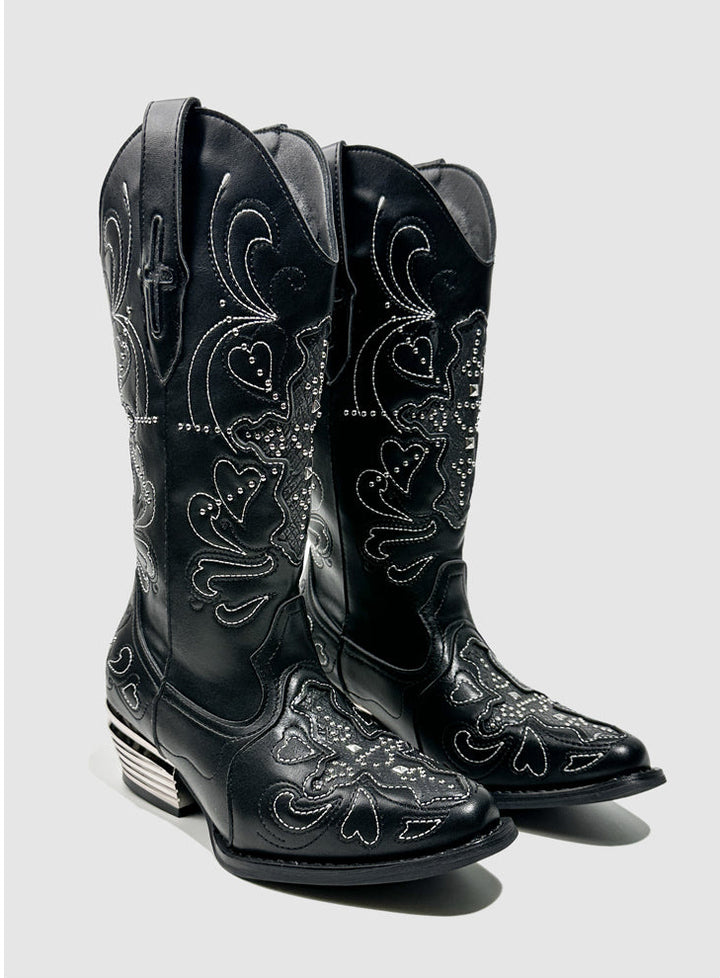Vintage-Inspired Handcrafted Gothic Black Cowhide Leather Rhinestone Cowgirl Boots with Embroidered