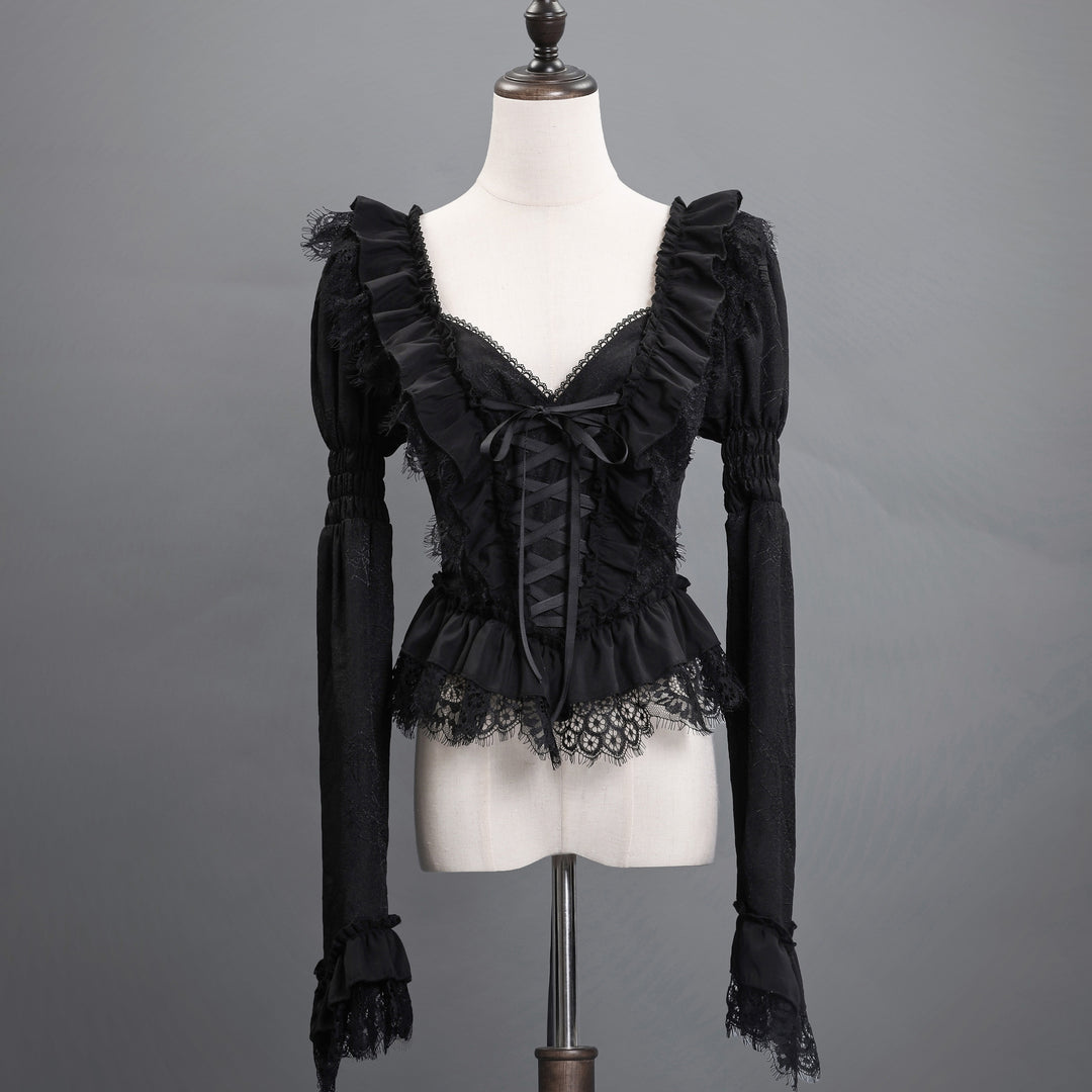 Victorian-Inspired Gothic Black Lace Ball Gown with Long Sleeves and Corset Back – Baroque-Inspired Mourning Dress Plus Size
