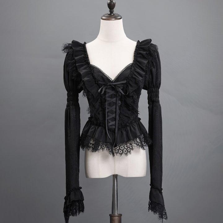 Victorian-Inspired Gothic Black Lace Ball Gown with Long Sleeves and Corset Back – Baroque-Inspired Mourning Dress Plus Size