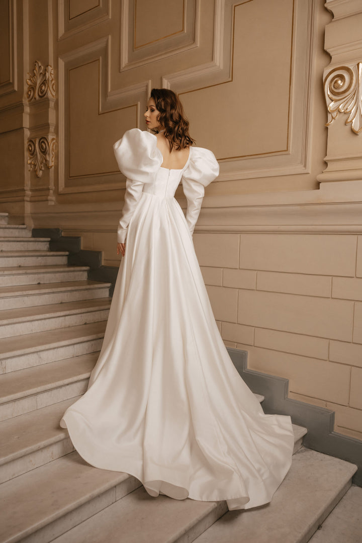 Ivory A-Line Wedding Dress with Empire Waist – Long Sleeves Wedding Dress with High Slit Plus Size – PAOLA