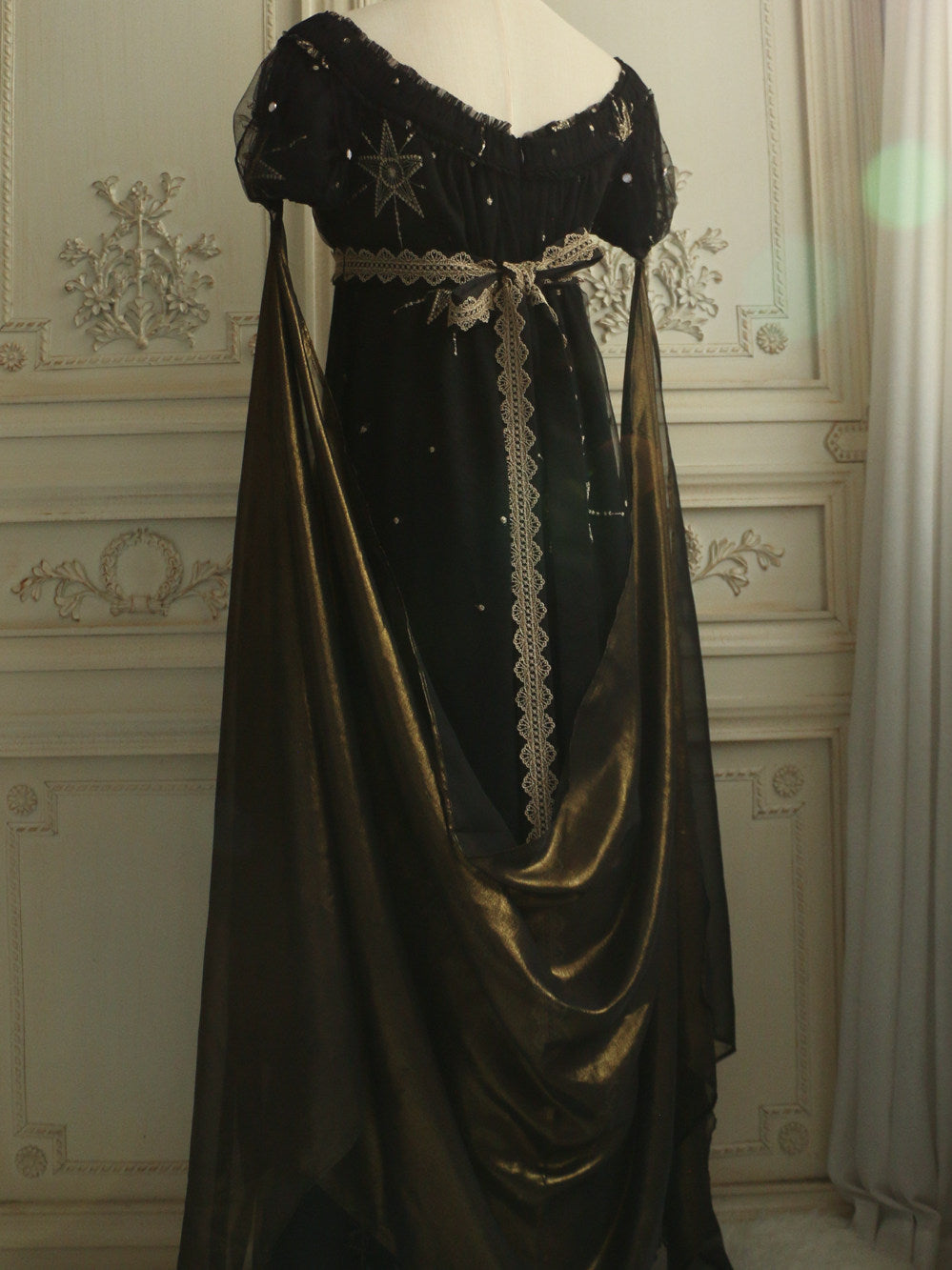 Regency Era Midnight Black Star Embroidered Empire Waist Gown – Bridgerton Inspired Dress Plus Size
