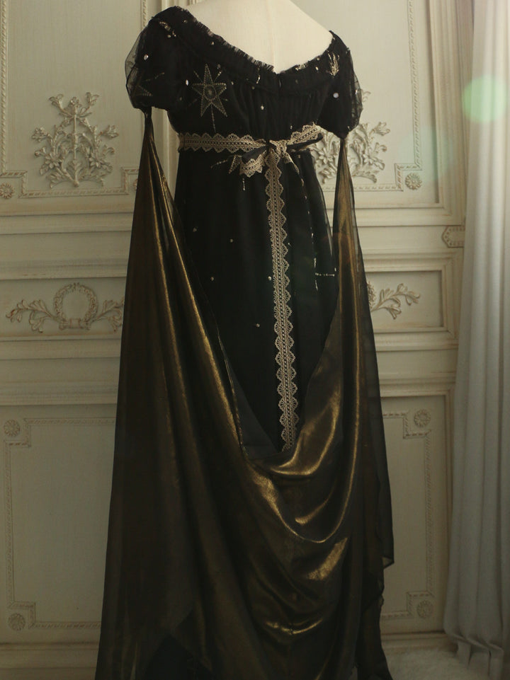 Regency Era Midnight Black Star Embroidered Empire Waist Gown – Bridgerton Inspired Dress Plus Size
