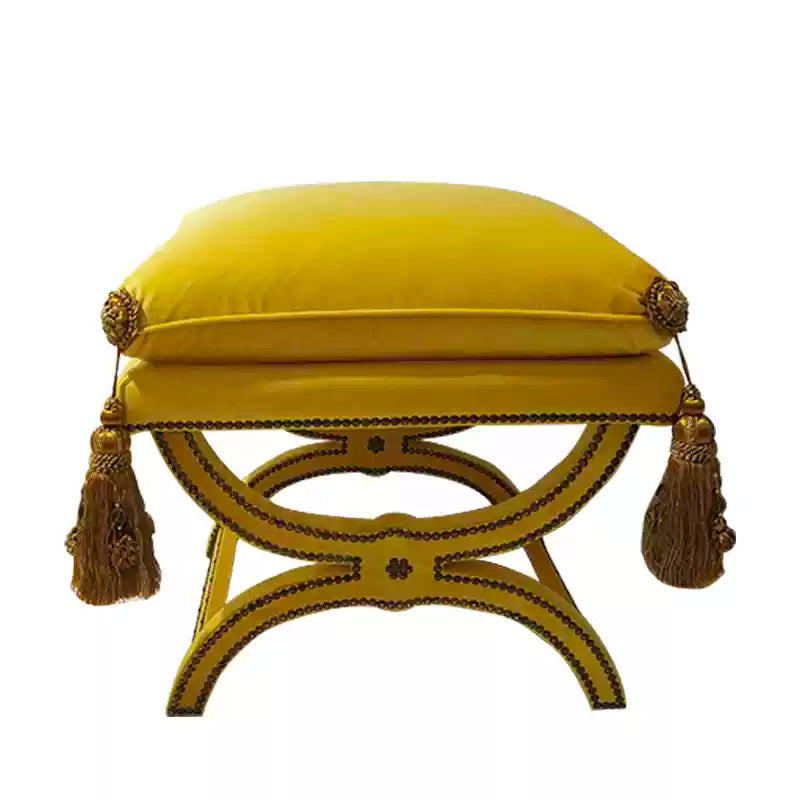 Vintage Burgundy Tassel Bench – Handmade American-Style Velvet Ottoman with Carved Wood Frame