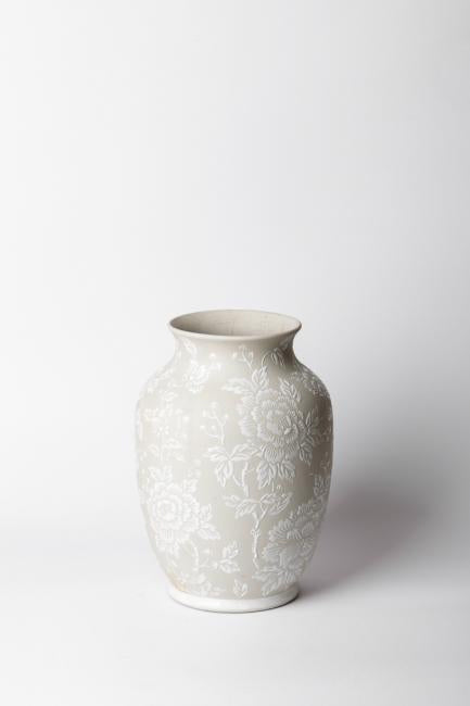 Antique Ivory White Kaolin Porcelain Vase with Handcrafted Peony Relief Design