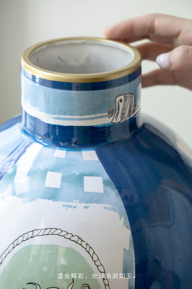 Antique Italian Blue and White Porcelain Vase Inspired by Richard Ginori with Hand-Painted Gilded Maritime Motifs