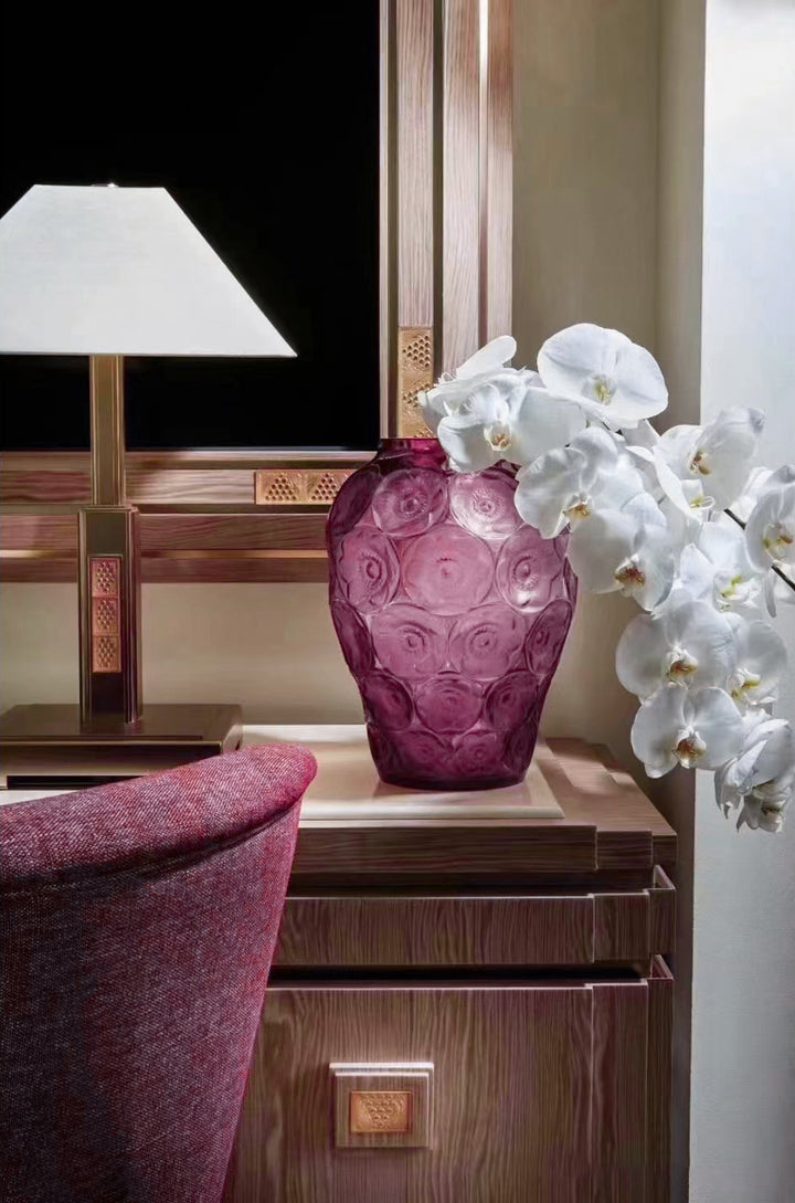 Baroque French Handmade Purple Murano Glass Vase with Embossed Floral Design Crystal Style