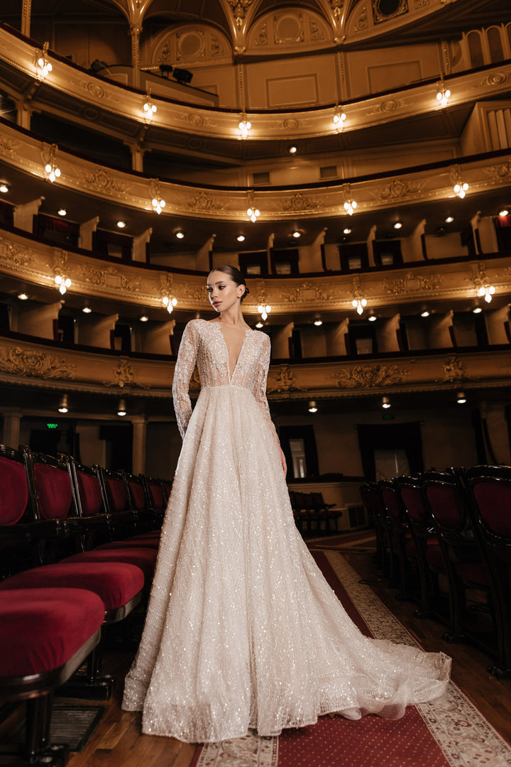 Ivory Sequin Wedding Dress with Long Lace Sleeves – A-Line Wedding Dress with Plunging Neckline Plus Size – VITTORIA