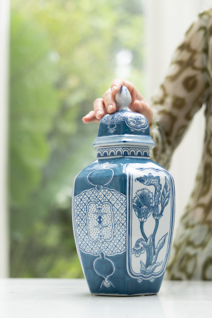Antique Handmade Blue and White Porcelain Vase with Hand Painted Floral and Pomegranate Design