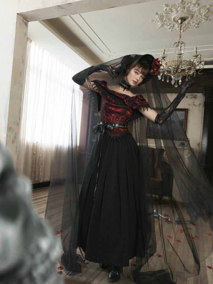 Victorian-Inspired Gothic Black and Red Gothic Dress with Satin Corset Bodice – Off-Shoulder Ball Gown Plus Size