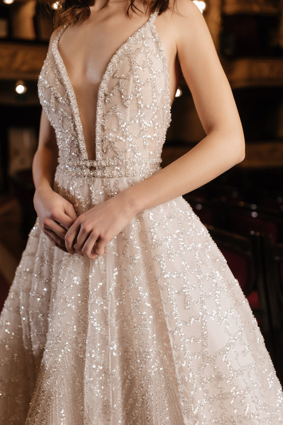 Ivory A-Line Wedding Dress with Deep Neckline – Sleeveless Sparkly Wedding Dress Plus Size – SCARLETT