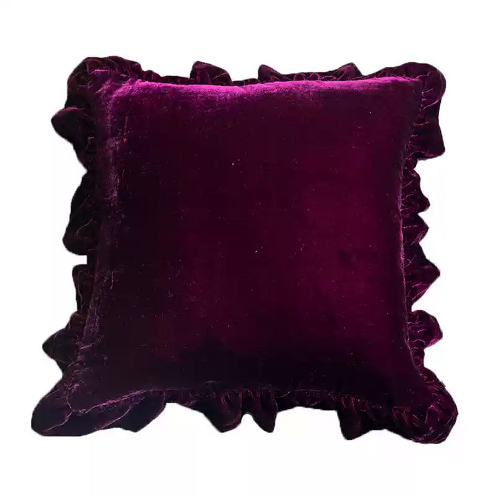 “Merlot Whispers” – Handmade Velvet Ruffle Cushion in Deep Burgundy