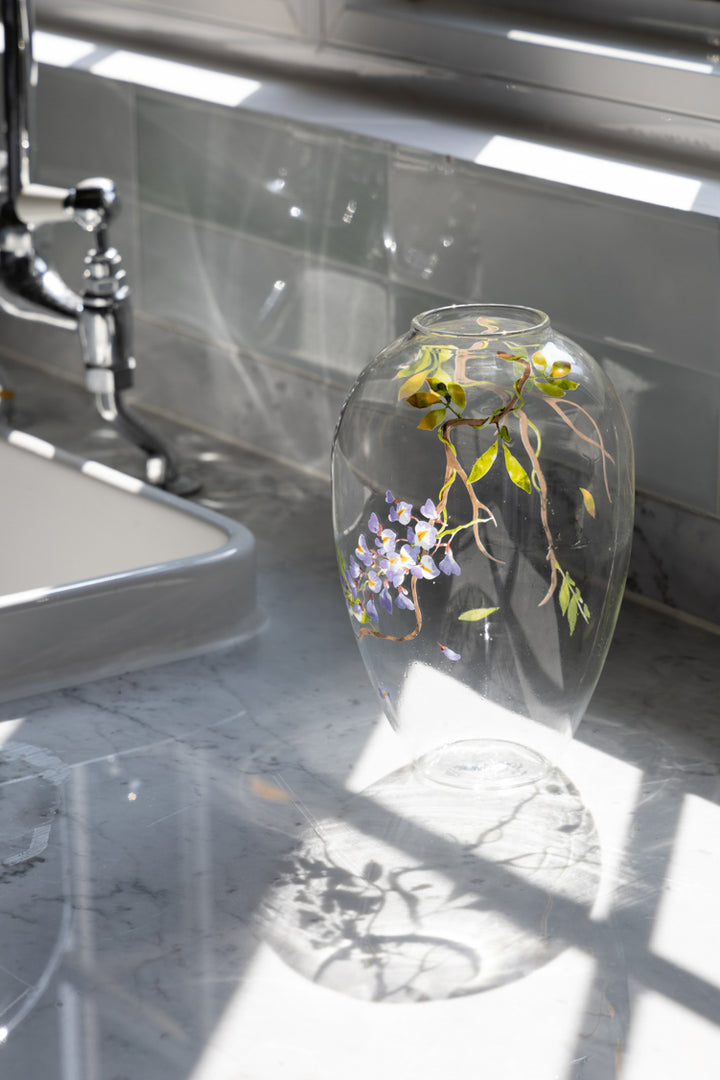 Art Deco Handmade Italian Blown Glass Vase and Glass Decor with Hand-Painted Wisteria Design