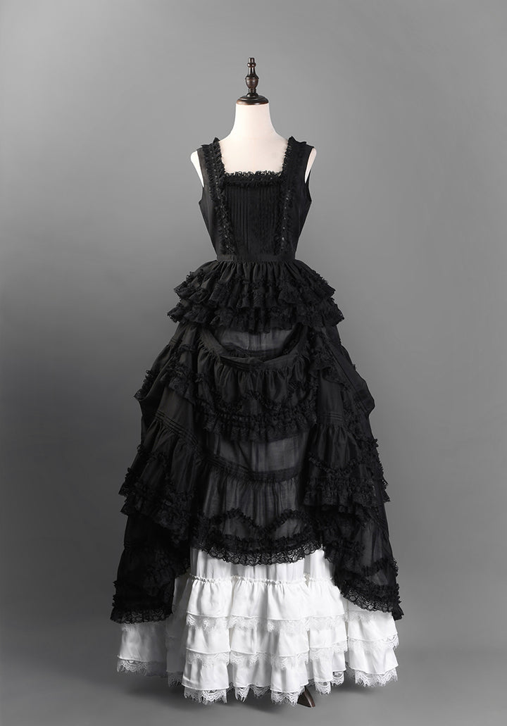 Victorian-Inspired Black and White Gothic Lolita Ball Gown with Tiered Ruffles – Tencel Organza Dress with Lace Trim Plus Size
