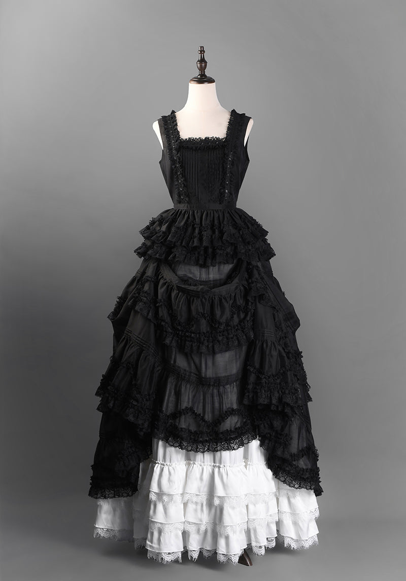 Victorian-Inspired Black and White Gothic Lolita Ball Gown with Tiered Ruffles Tencel Organza Dress with Lace Trim Plus Size Size 12 / Black Victorian-Inspired Black and White Gothic Lolita Ball Gown with Tiered Ruffles Tencel Organza Dress with Lace Trim Plus Size Size 12 / Black