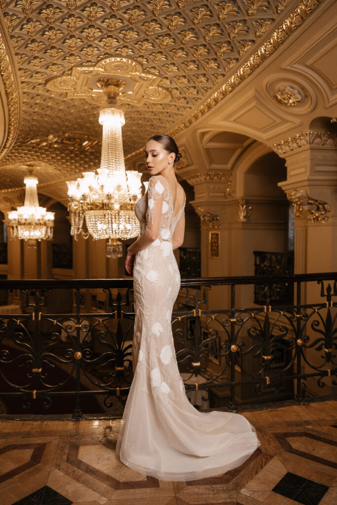 Ivory Mermaid Wedding Dress with Sheer Sleeves – Long Sleeve Sequin Wedding Dress with Deep V Neckline Plus Size – CLAUDIA