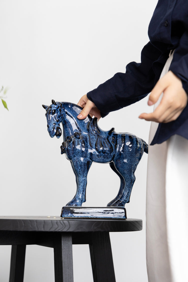 Vintage-Inspired Oriental Handmade Blue Horse Sculpture and Decorative Figurine
