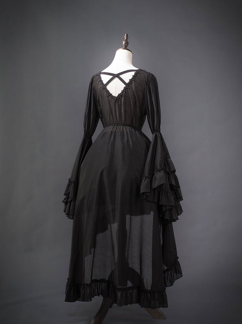 Victorian-Inspired Black Gothic Lolita Ball Gown with Lace Trim and Tiered Skirt – Edwardian Tencel Dress Plus Size