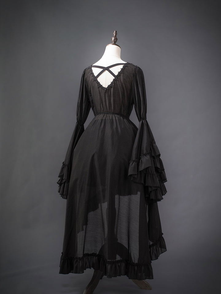 Victorian-Inspired Black Gothic Lolita Ball Gown with Lace Trim and Tiered Skirt – Edwardian Tencel Dress Plus Size