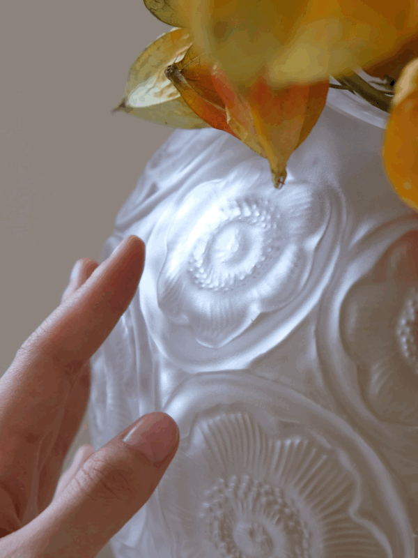 Antique French Handcrafted Transparent Frosted Crystal Glass Vase with Embossed Floral Motifs
